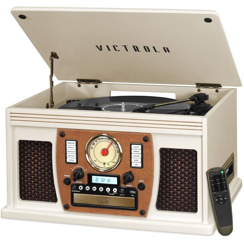 Multifunkční retro gramofon Victrola VTA-600B v bílém provedení s dálkovým ovladačem