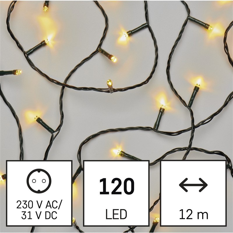 LED řetěz EMOS 120LED řetěz, 12 m, venkovní i vnitřní, teplá bílá, programy, časovač