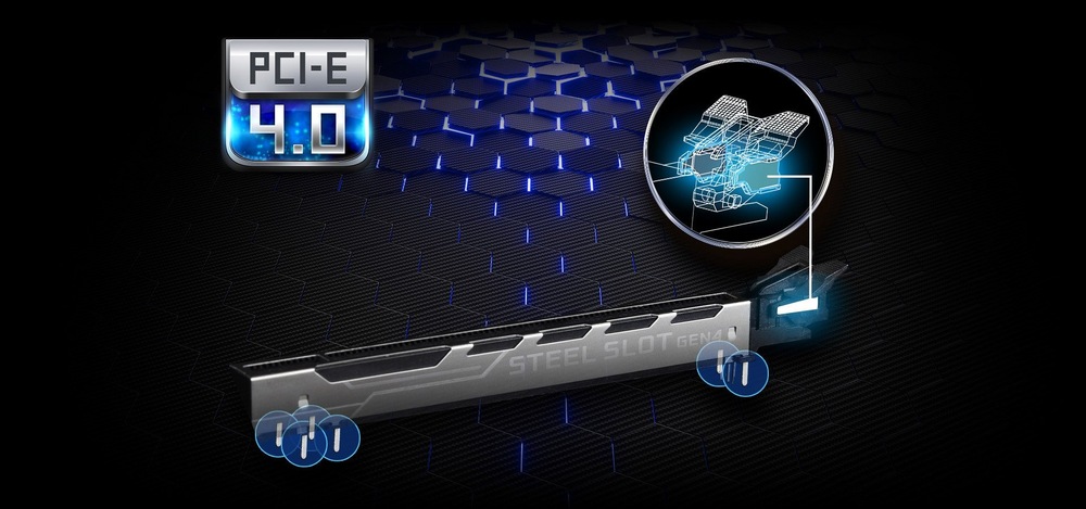 Základní deska ASRock A620AM PRO-A WIFI černá Ilustrace ocelového slotu PCIe 4.0 na texturovaném šestiúhelníkovém pozadí. Mezi hlavní přednosti patří konstrukční odolnost a pokročilý design.
