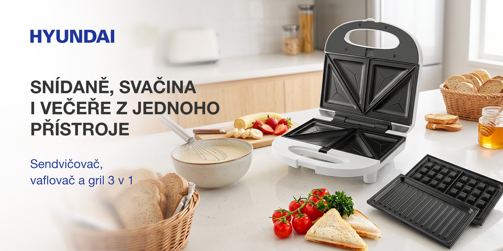 Sendvičovač Hyundai SM629 bílý Multifunkční sendvičovač, vaflovač a gril Hyundai SM 629 3 v 1 na kuchyňské lince s vyměnitelnými deskami a připraveným jídlem