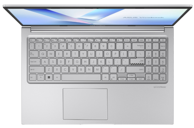 Pohled shora na klávesnici s numerickým blokem a touchpad notebooku ASUS Vivobook 15