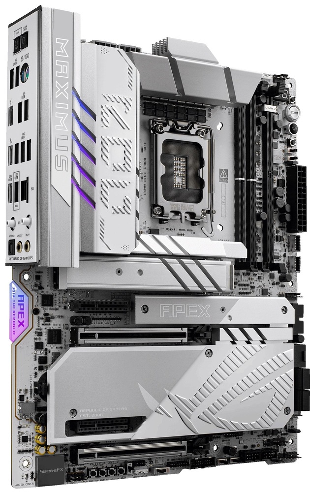 Základní deska Asus ROG MAXIMUS Z890 APEX Základní deska má výrazné stříbrno-bílé provedení s masivními pasivy kolem patice LGA1851. Vpravo nahoře jsou jen dva DDR5 DIMM sloty, pod nimi dvojice dlouhých PCIe x16 slotů. Spodní část zabírají velké kryty/chladiče pro M.2 a čipset s typickým ROG motivem a „APEX“ prvky.