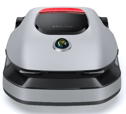 Přední pohled na robotickou sekačku Dreame A1 PRO 800 s navigační kamerou a nízkým profilem