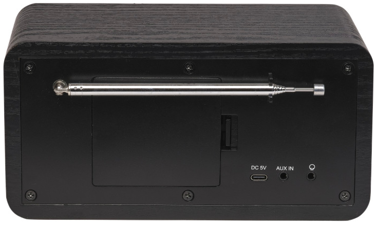 Zadní strana rádia Denver DIR-200 s USB-C napájením, AUX vstupem a sluchátkovým výstupem