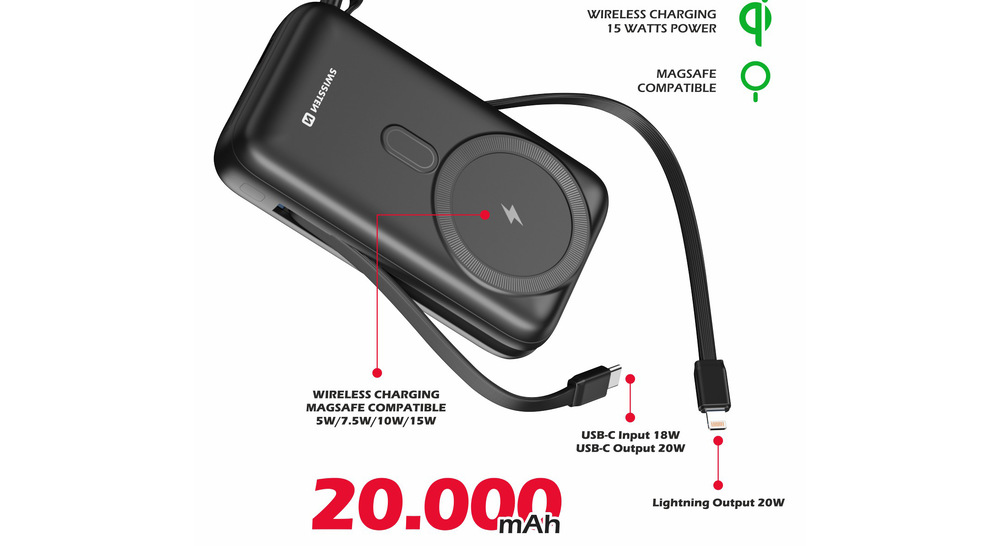 Powerbanka Swissten 20000 mAh, PD 20W s integrovanými kabely USB-C a Lightning, MagSafe černá Powerbanka Swissten 20000 mAh, PD 20W s integrovanými kabely USB-C a Lightning, MagSafe černá
