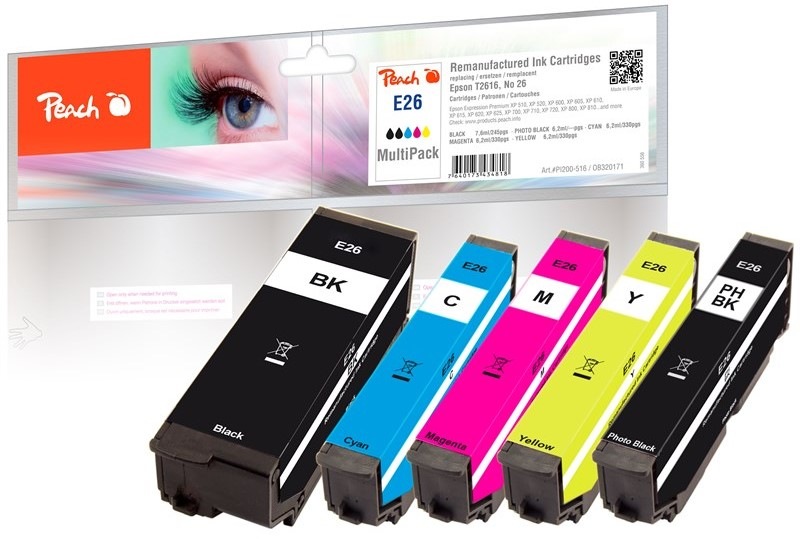 Inkoustová náplň Peach Epson 26, T2616, MultiPack, 1x 7,6, 4x 6,2 ml - CMYK