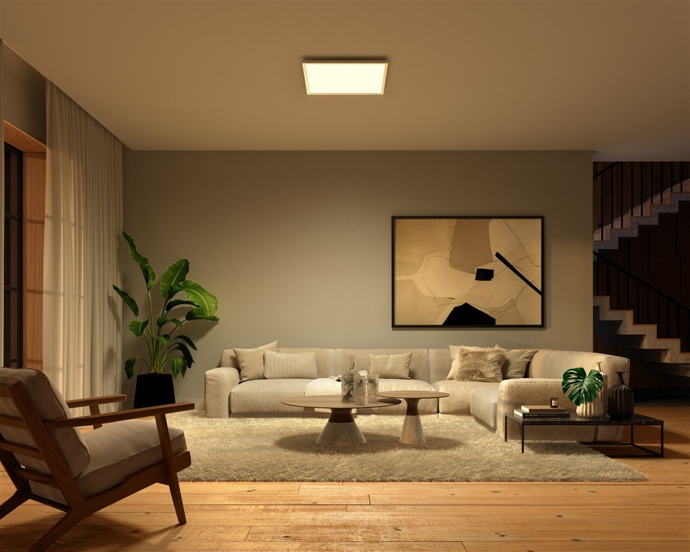 Stropní svítidlo Philips Surimu Hue Panel, 60W, 60x60 cm, White and Color Ambiance bílé Pohled na obývací pokoj nasvětlený osvětlením Philips Surimu Hue s bílým teplým světlem