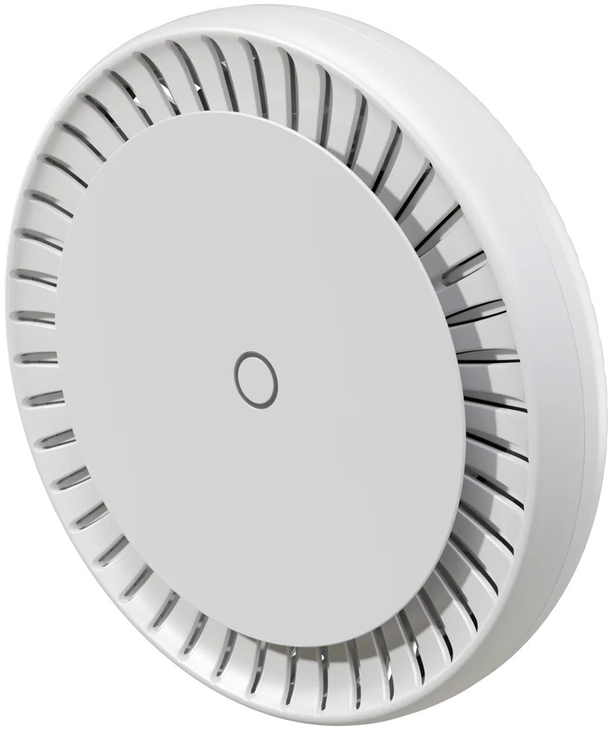 Stropní Wi-Fi access point MikroTik s větracími otvory, pohled z boku.