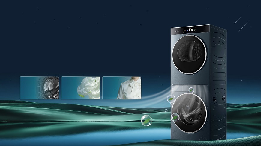 CLC108NU1-S prací věž Haier, vedle které jsou 3 rámečky ukazující udržování čerstvého vzduchu. průduchem mezi spotřebiči proudí čerstvý vzduch do pračky