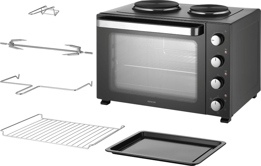 Mini trouba Sencor SEO 4800BK se 2 plotýnkami a příslušenstvím.