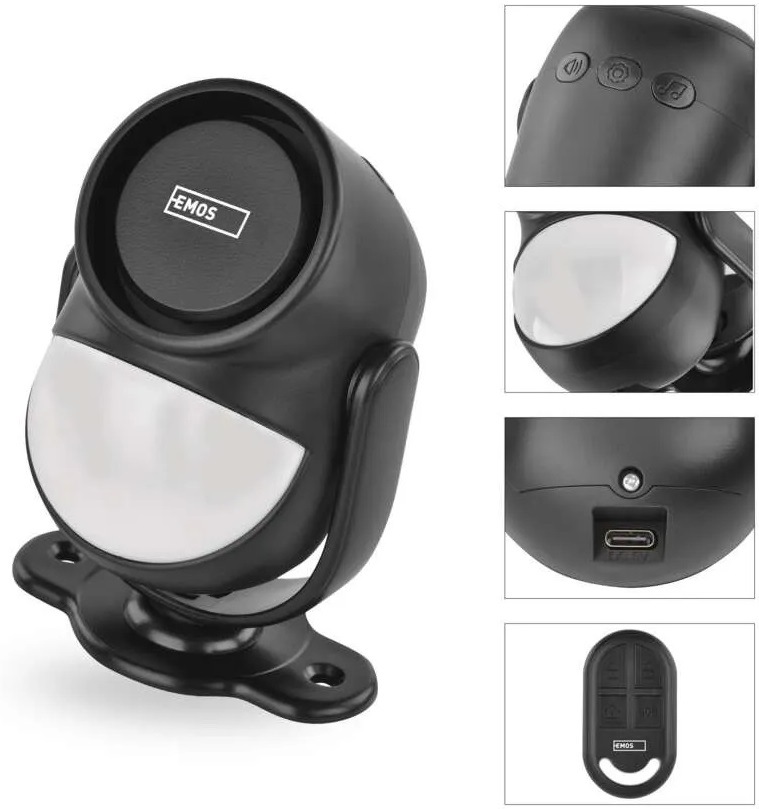 Alarm EMOS Kit EM-125L Protector s detailem konstrukce, ovládacích prvků, světla, USB-C konektoru a dálkového ovladače