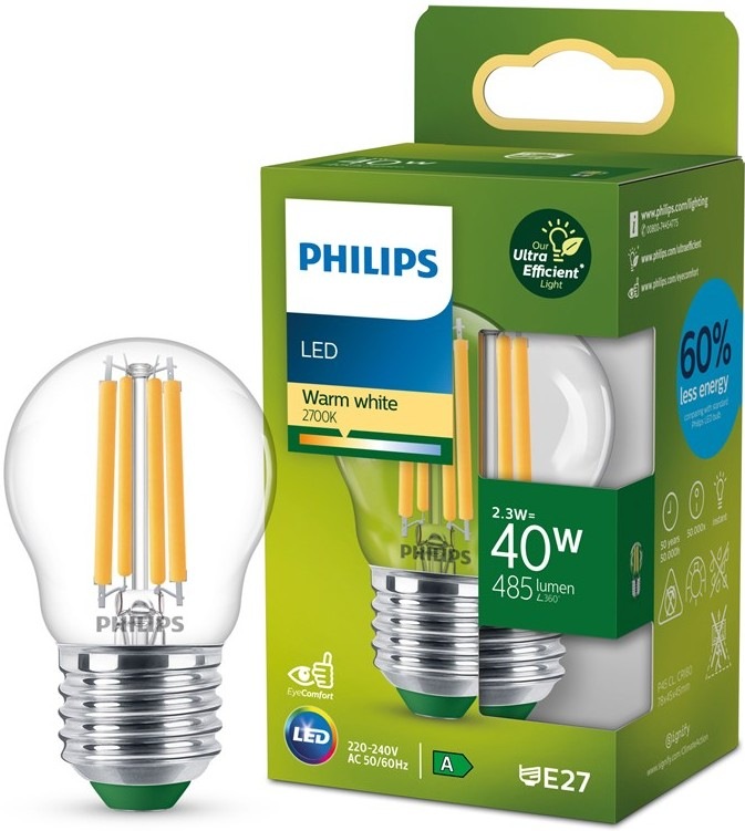 Žárovka LED Philips 40W, filament, P45, E27, teplá bílá