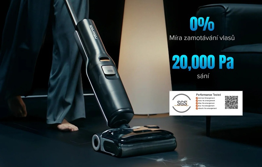 Tyčový vysavač Roborock F25 ACE Combo černý Bezdrátový tyčový vysavač Roborock F25 ACE Combo s vysokým sacím výkonem 20000 Pa při mokrém vysávání má technologii proti namotávání vlasů při úklidu.
