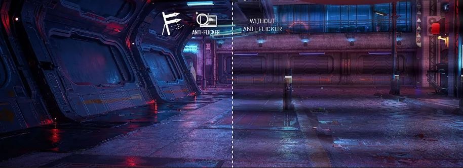 Rozdělený obraz zobrazuje sci-fi prostředí ulice města. Levá strana: plynulá, označená jako „Adaptivní synchronizace“. Pravá strana: zkreslená, označená jako „Trhání obrazu“, což zdůrazňuje vizuální vylepšení.