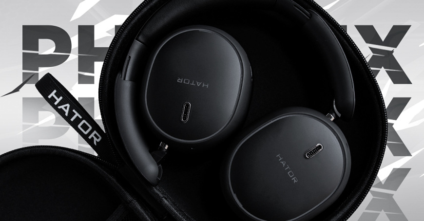 Černý headset HATOR Phoenix 2 Wireless uložený v otevřeném přepravním pouzdře