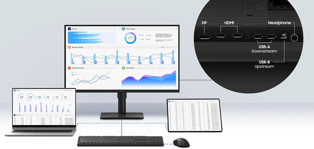 Monitor Samsung Essential S4 černý Externí zařízení k monitoru Samsung Essential S4 připojíte přes HDMI, DisplayPort a USB porty
