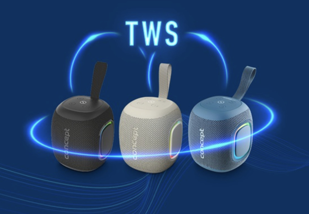 Přenosný reproduktor Concept SoundJoy BR5012 modrý Modely Concept SoundJoy BR5010, BR5011 a BR5012 znázorněné s funkcí párování TWS