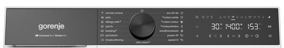 Pračka Gorenje G600 WG614A4P1 FastWashPro bílá ovládací panel pračky Gorenje WG614A4P1 FastWashPro v černém provedení.