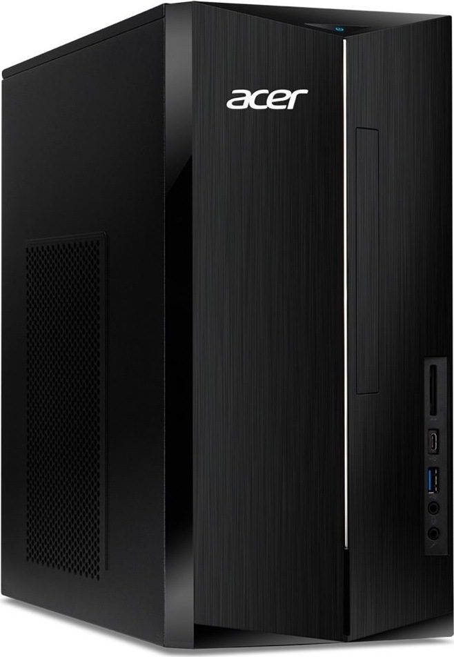 Stolní počítač Acer Aspire TC-1860 černý Na obrázku je stolní počítač Acer Aspire TC-1860 v černém provedení z předního šikmého pohledu. Skříň má vysoký hranatý tvar, jemně rýhovaný čelní panel, bílé logo Acer a úzkou stříbrnou linku uprostřed. V pravé části předního panelu je svislá optická mechanika a níže konektorová výbava. Vidět je úzký slot čtečky paměťových karet, port USB-C, jeden modře označený port USB-A a dva 3,5mm audio konektory pro sluchátka a mikrofon. Nahoře je modře podsvícené tlačítko napájení. Levý boční panel má velkou perforovanou mřížku pro odvětrávání vnitřních komponent.