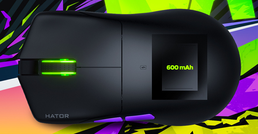 Myš HATOR Pulsar 3 ULTRA černá Průhledová vizualizace baterie s označením 600 mAh uvnitř HATOR Pulsar 3 Ultra 4K Wireless