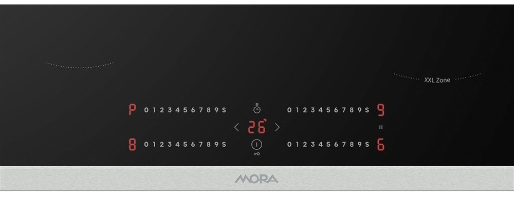 Indukční varná deska Mora VDIS 65G X černá Detail dotykového ovládacího panelu indukční desky Mora VDIS67HC s LED displejem a XXL zónou.