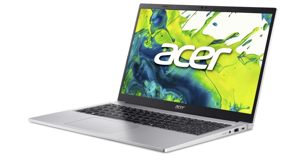 Otevřený a zapnutý notebook Acer Aspire Lite 15 otočený doleva