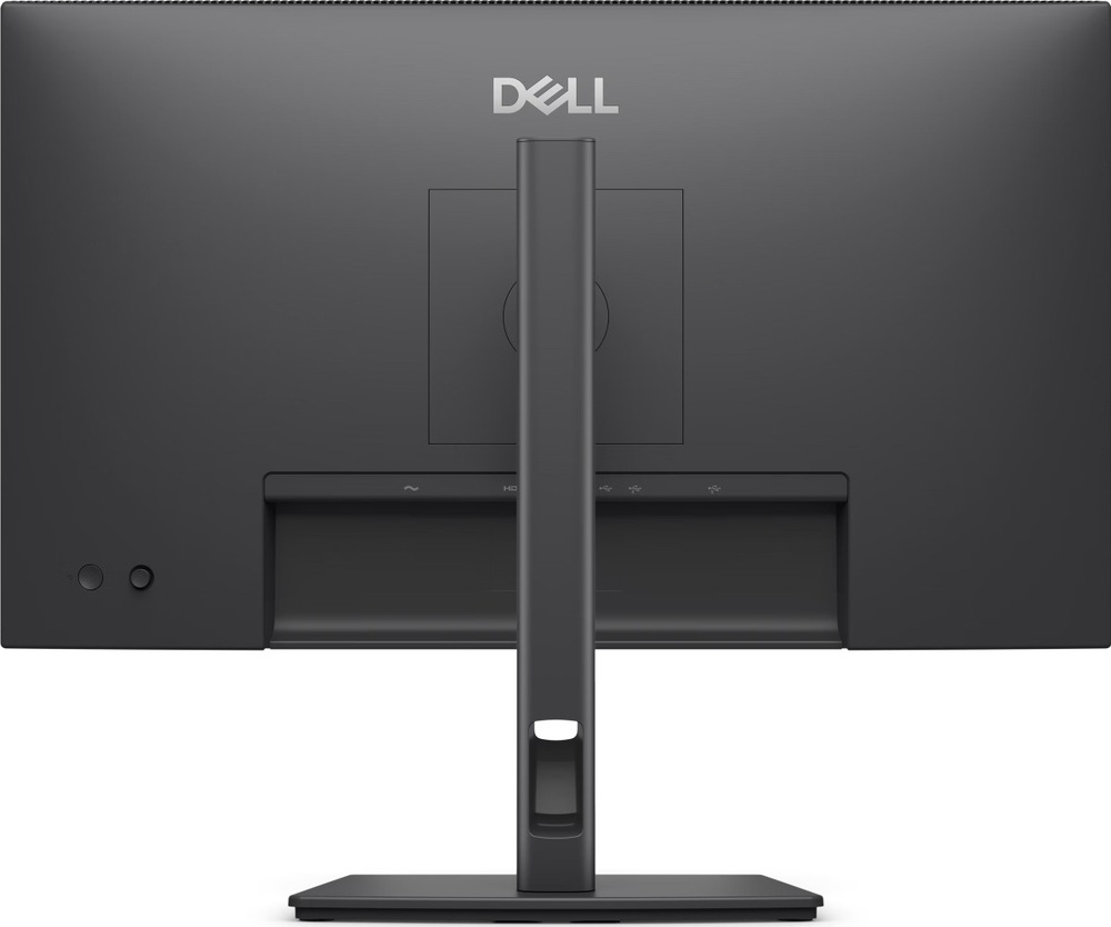 Zadní pohled na černý monitor Dell Pro P2426H se středovým stojanem, otvorem pro vedení kabelů, uchycením VESA a zapuštěným panelem s napájecími, obrazovými a USB porty.