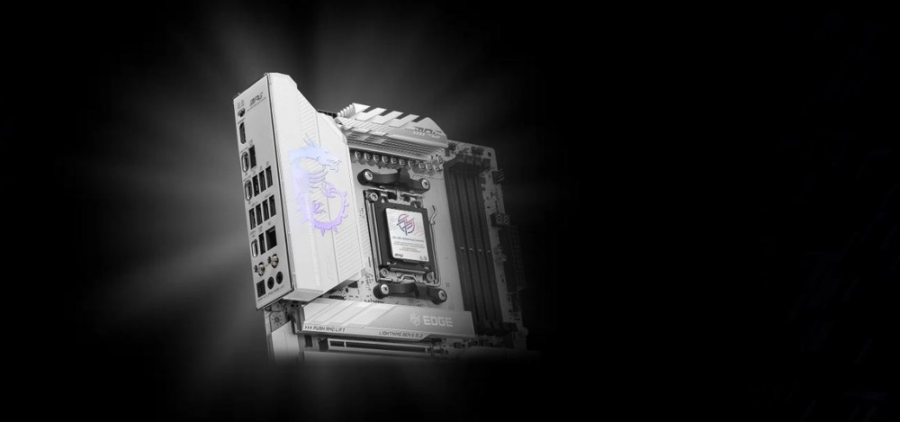 Základní deska MSI MPG X870E EDGE TI WIFI Futuristická základní deska s kovovou povrchovou úpravou, zářícím motivem draka a elegantním designem na tmavém, částečně zářivém pozadí.