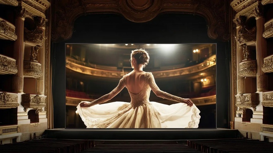 „Televize Hisense 136MX promítá scénu baletky na divadelním jevišti, kde vynikají jemné detaily šatů, teplé osvětlení a hloubka prostoru. Velkoformátový obraz evokuje skutečný kinozážitek a zdůrazňuje vysoký kontrast i realistické podání barev.