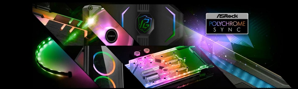 Základní deska ASRock A620AM PRO-A černá Koláž komponentů ASRock Polychrome Sync RGB s živými světelnými efekty na kabelech, ventilátorech a základní desce, které vytvářejí futuristickou technologickou atmosféru.
