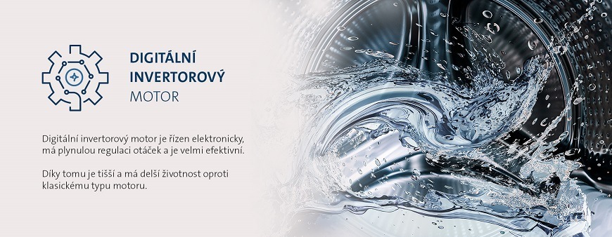 Digitální invertorový motor pračkosušičky ETA 387390020AD  s plynulou regulací otáček. Zajišťuje tišší provoz a delší životnost spotřebiče oproti klasickým motorům
