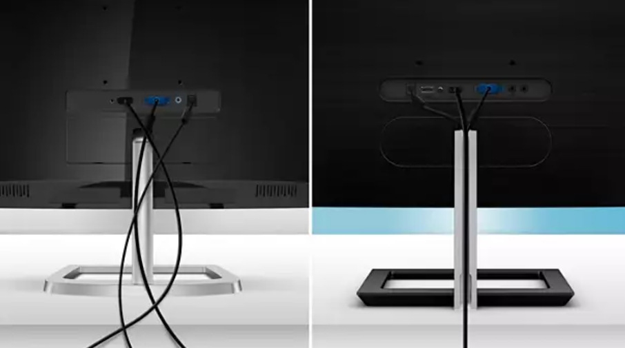 Monitor Philips 272E1CA Klasický monitor zezadu s kabely a monitor Philips 272E1CA s uspořádanými kabely