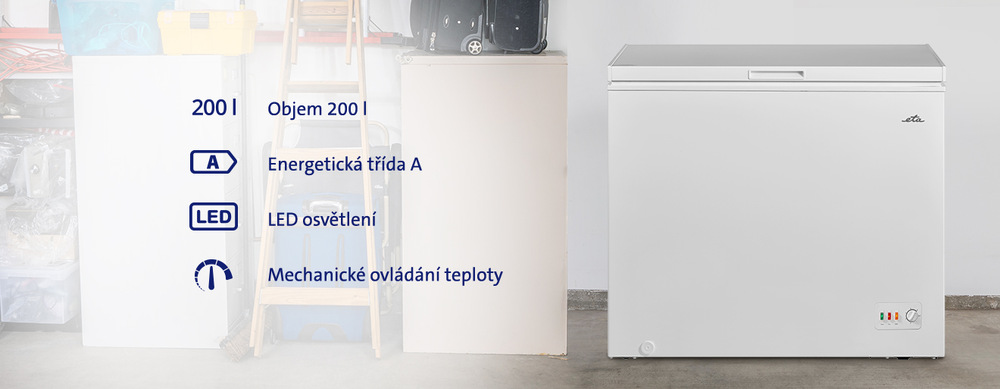 Bílý pultový mrazák ETA 587690000A s popisem vlastností: objem 200 l, energetická třída A, vnitřní LED osvětlení a mechanické ovládání teploty