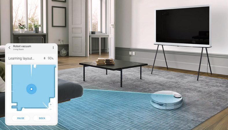 Robotický vysavač Samsung Jet Bot Robotický vysavač Samsung Jet Bot mapuje prostor obývacího pokoje, v nákresu vlevo dole je zmapovaný prostor