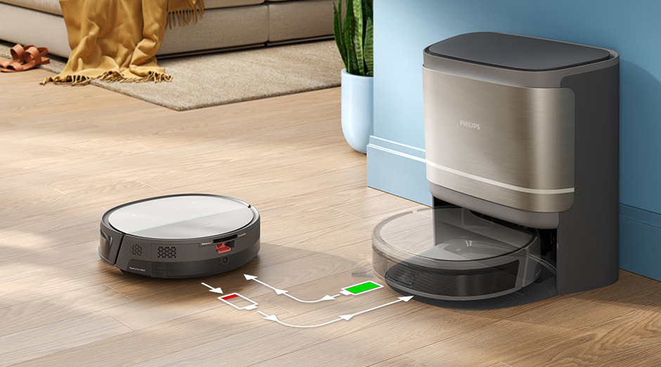 Robotický vysavač se stanicí Philips XU9100/10 zajíždí do nabíjecí stanice