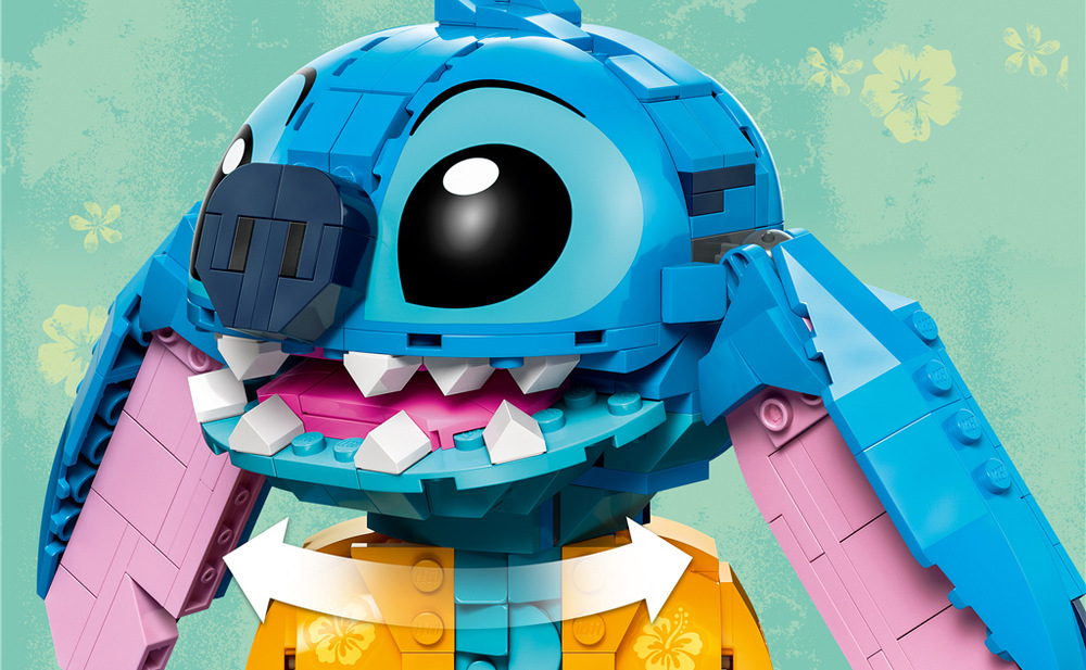 Stavebnice LEGO® │ Disney 43249 Stitch Otočná hlava, pohyblivé uši, květina a zmrzlina umožňují dětem měnit Stitchův výraz i výslednou pózu.