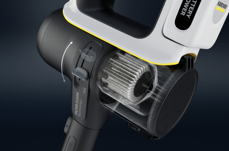 Detail systému čištění filtru ovládaného páčkou u vysavače Kärcher VCS 7-28 Infinity