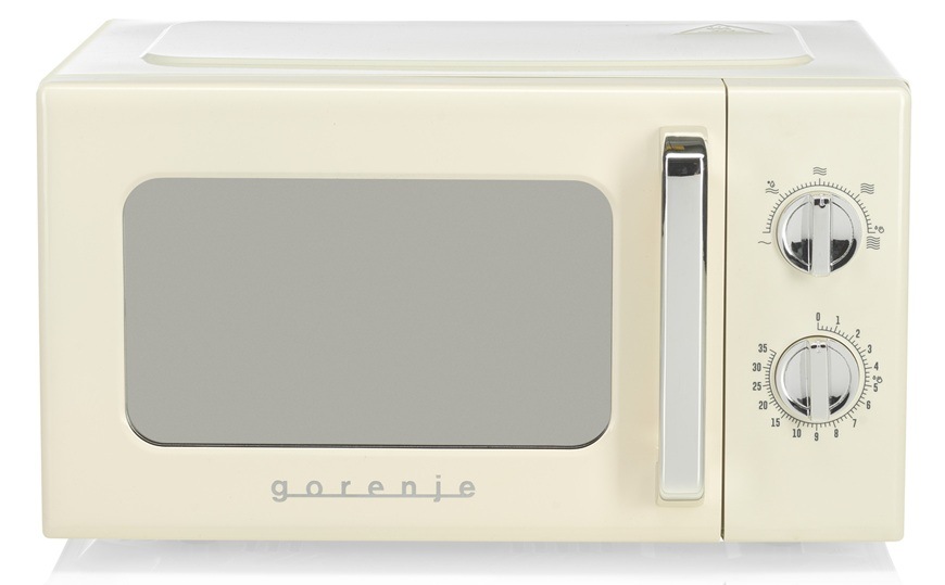Mikrovlnná trouba Gorenje Retro MO20E1HRL béžová Přední pohled na retro mikrovlnnou troubu Gorenje GORMO20E1HRL v bílém provedení.