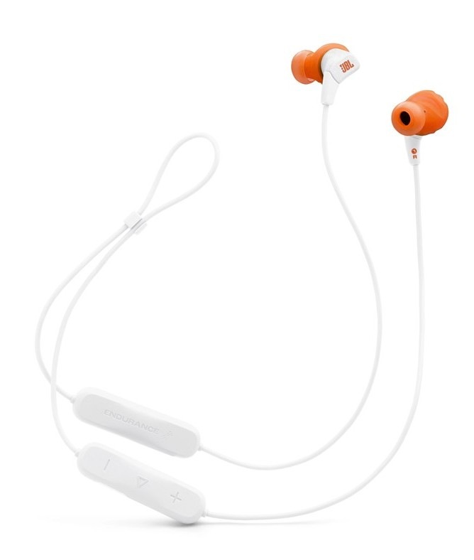 Sluchátka JBL Endurance Run3 BT, bílá barva.