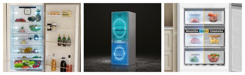 Chladnička dvoudveřová Whirlpool WHD2 6553 X5E, designové řešení umístění poliček space management,  chladnička na tmavé pozadí demonstruje beznámrazový systém duo cooling, flexibilní zóna multizone, zmrazené potraviny versus chlazené potraviny
