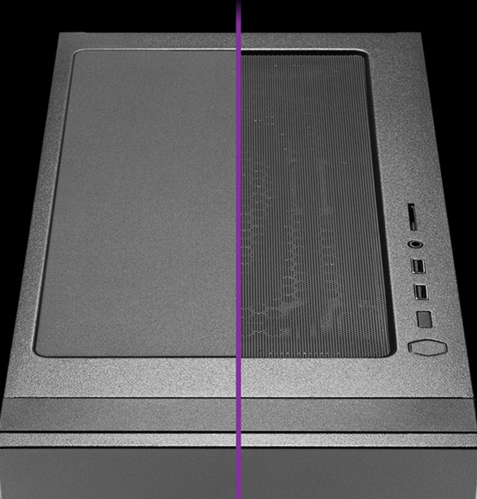 Case Cooler Master Silencio S600 Tempered Glass černá Horní pohled na skříň počítače, vertikálně rozdělený fialovou čarou. Levá strana je celá černá, pravá strana má síťované větrání a porty na černém pozadí.