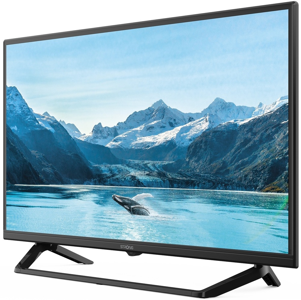 Televize Strong SRT32HF2003C Televizor Strong SRT32HF2003C, 32palcový LED TV, pohled z boku pod úhlem s živým obrazem.