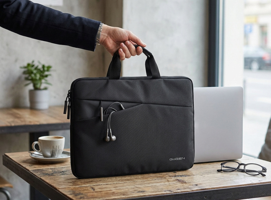 Pouzdro na notebook GoGEN Sleeve Pro 13/14" černé Praktická přední kapsa nabízí rychlý přístup k nabíječce, sluchátkům, telefonu nebo dalším drobnostem