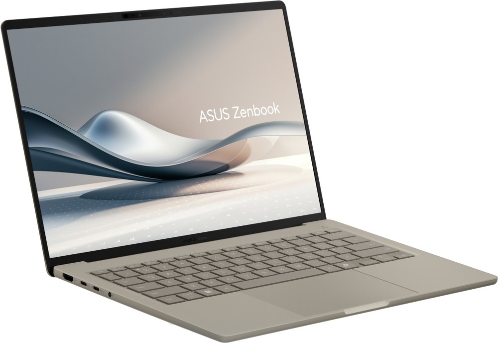 Notebook ASUS Zenbook A14 šikmo ze strany s viditelnými konektory