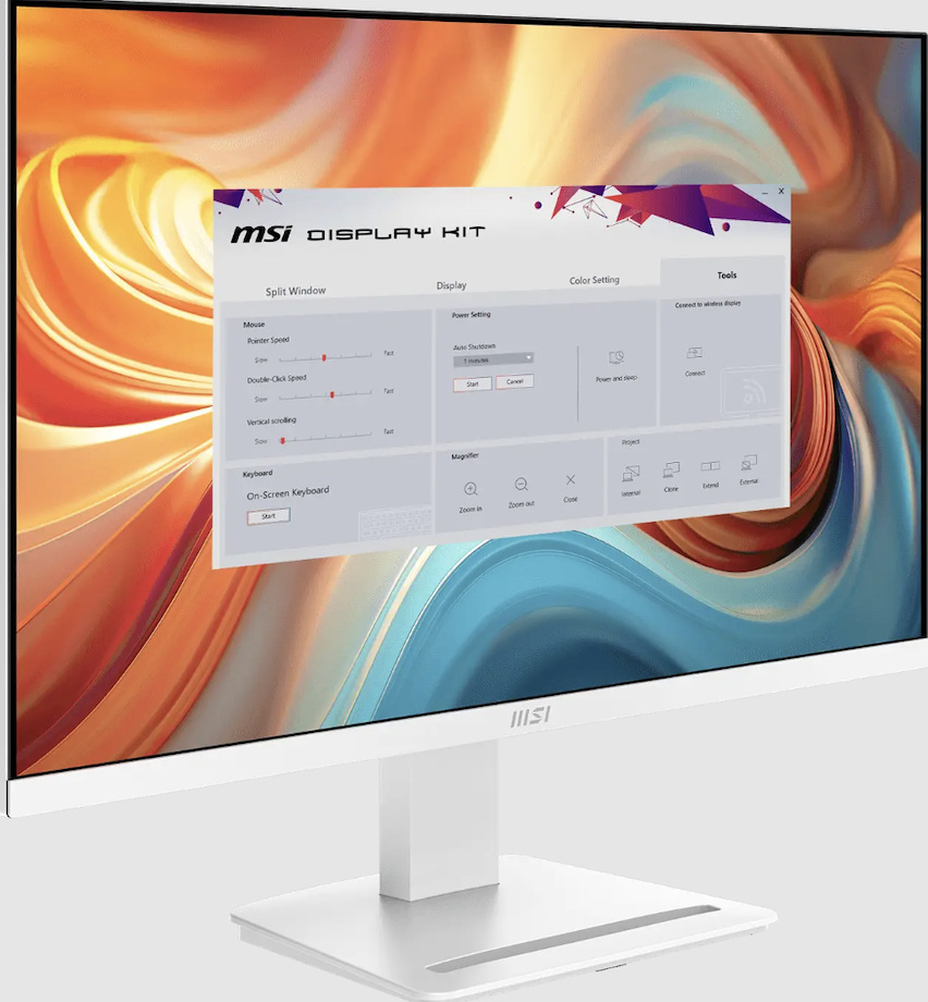 Monitor MSI PRO MP273W E14A se zobrazenou aplikací MSI Display Kit pro nastavení pracovní plochy a obrazu