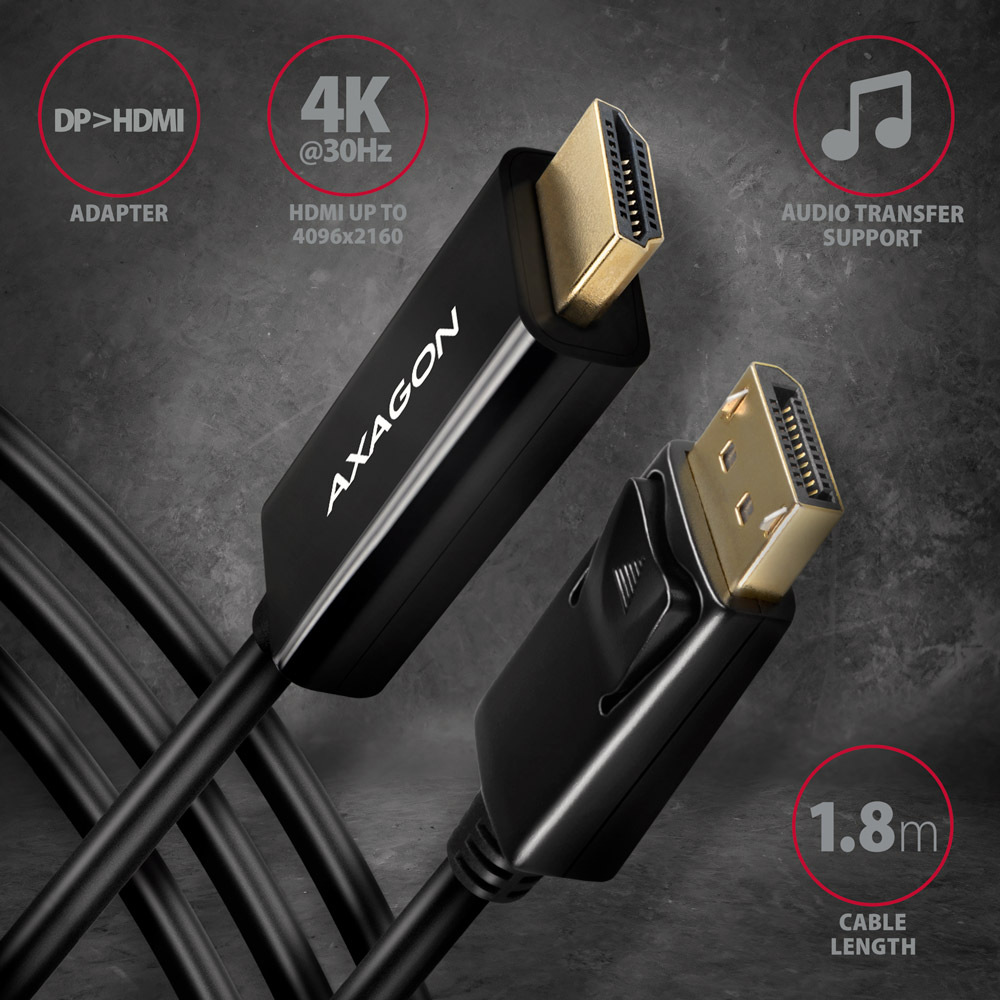 Kabel Axagon DisplayPort / HDMI 1.4, 1.8m, 4K/30Hz černý Kabel Axagon DisplayPort / HDMI 1.4, 1.8m, 4K/30Hz černý