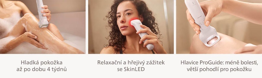 Koláž funkcí epilátoru Philips BRE750/00 v bílé barvě zobrazující epilaci nohou, použití SkinLED na obličeji a hlavici ProGuide pro šetrnější a pohodlnější odstranění chloupků.