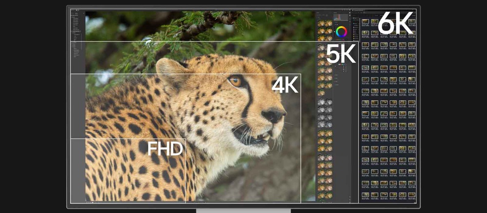 Monitor LG 32U990A-S černý/šedý Vidíme obrázek geparda na monitoru s různými rozlišeními obrazovky: FHD, 4K, 5K a 6K. Obraz je jasný a dokonale detailní.