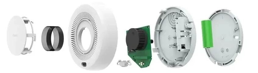 Detektor kouře Aqara Smoke Detector, pohled ze stran, rozložený