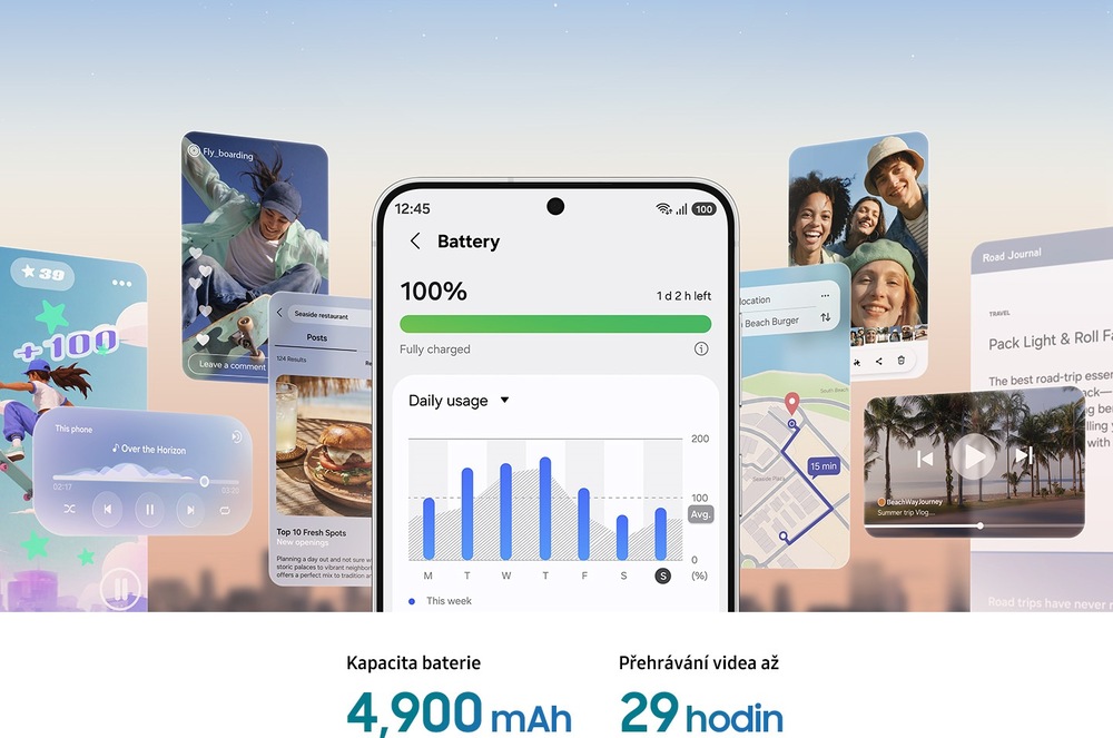 Mobilní telefon Samsung Galaxy S26 FE 5G s kapacitou baterie 4 900 mAh a ukázkou celodenního používání telefonu